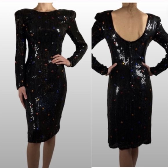 VTG Scarlet Rage Black Sequin Silk Dress S Multi-Color Jewels Lined Formal Dress - Picture 1 of 16